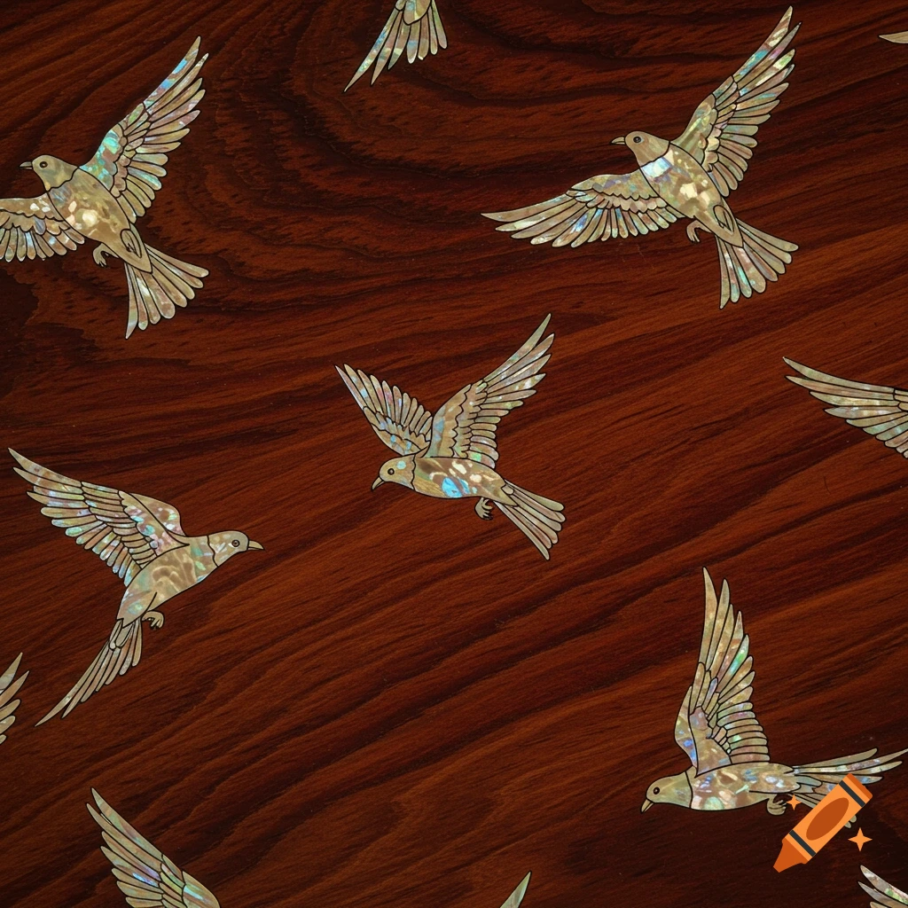 Mother-of-pearl bird inlays on a dark polished wooden surface, a detailed decorative pattern.