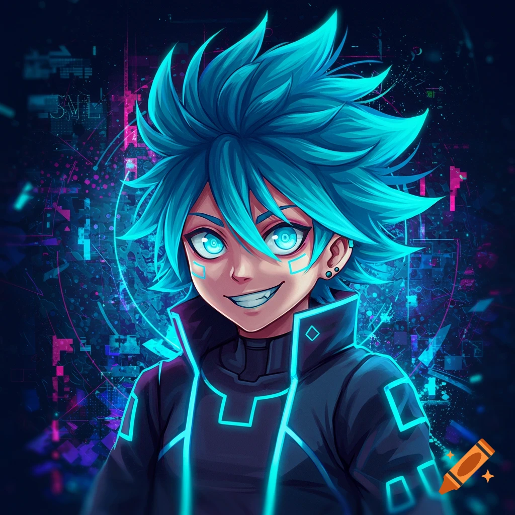 An anime character with bright blue spiky hair and glowing eyes, wearing a black jacket with neon blue lines, against a cyberpunk background.