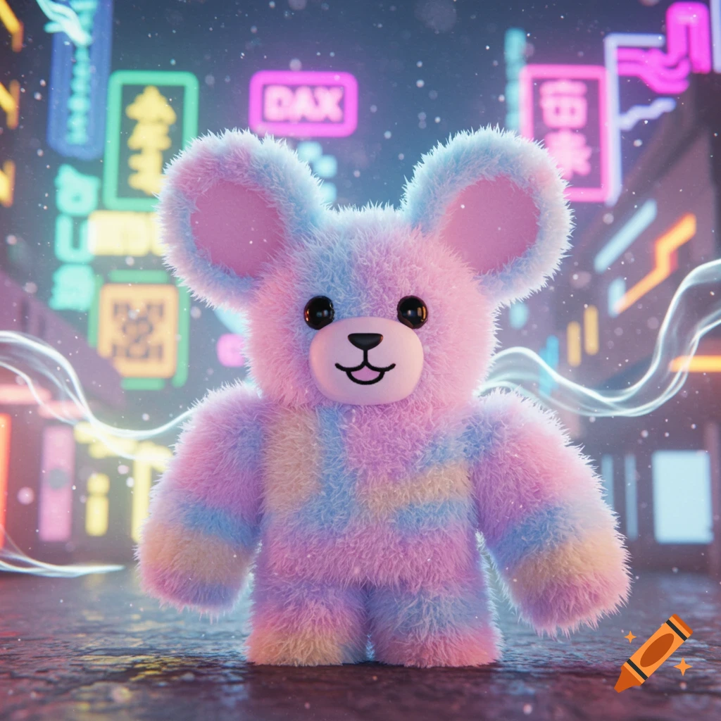 A fluffy, rainbow-colored teddy bear-like creature stands on a wet street in a neon-lit futuristic city at night.