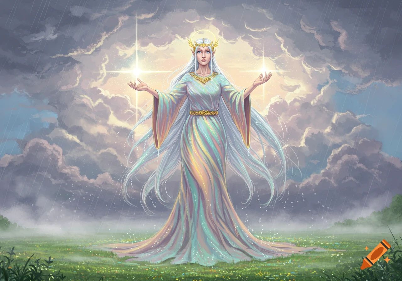 A fantasy goddess with long white hair, golden crown, and flowing dress stands in a rainy field, arms outstretched under a dramatic, starry sky.