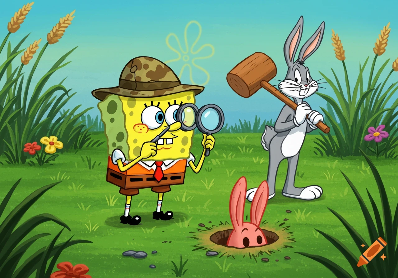 SpongeBob in hunting gear with magnifying glasses looks into a rabbit hole, while Bugs Bunny holds a mallet and winks behind him.