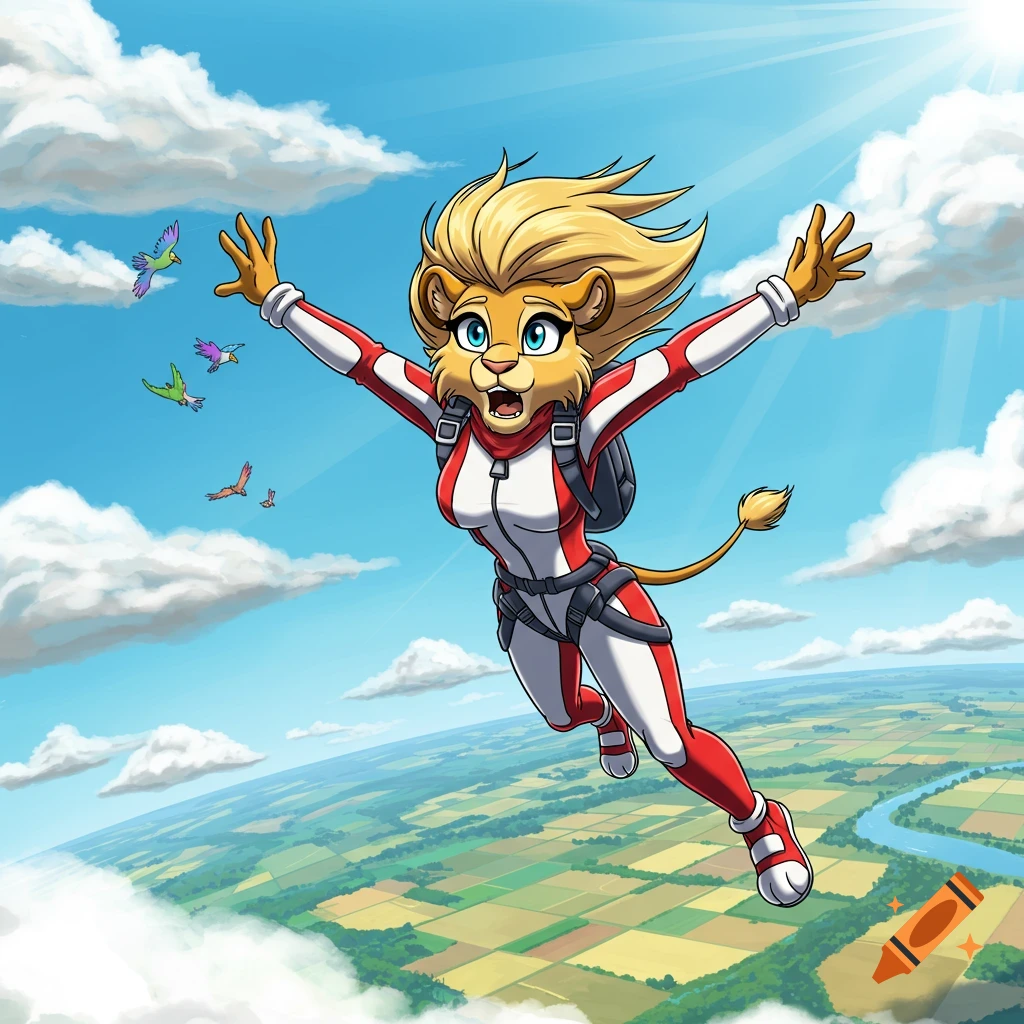 Blonde anthropomorphic lioness in a red and white jumpsuit skydiving over green fields with birds and clouds, cartoon style.