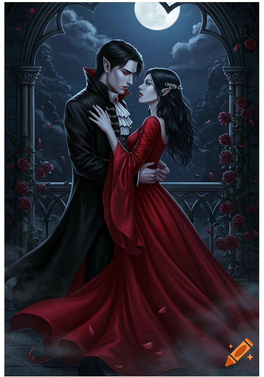 Two vampires, a man in black and a woman in red, embrace on a moonlit gothic balcony with roses, looking at each other. Digital art.