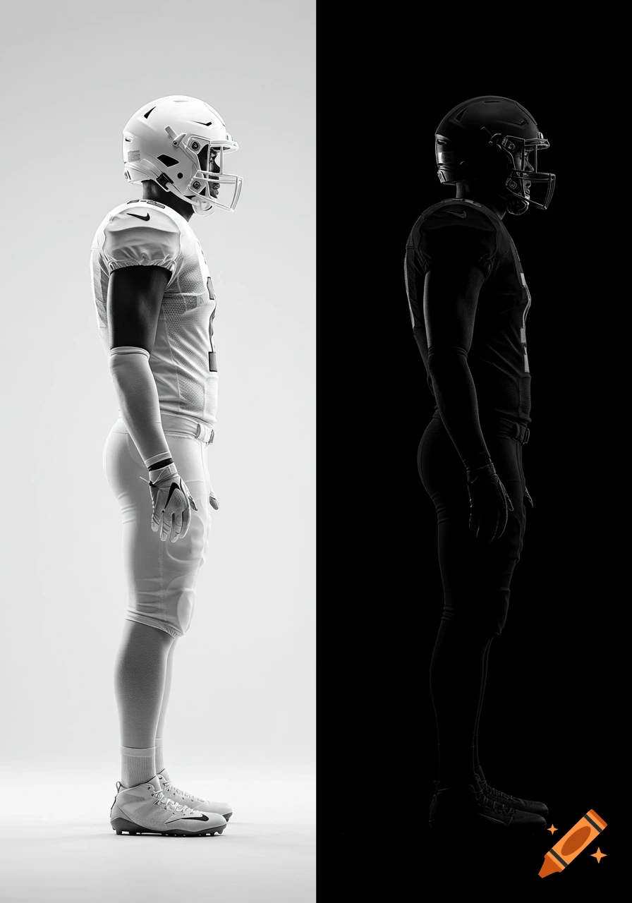 Photorealistic image of two American football players, one in white uniform on white background and one in black on black background.