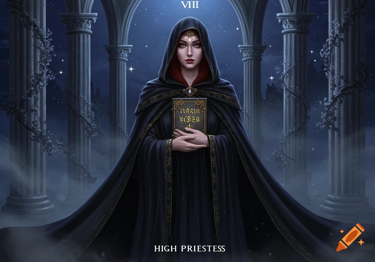 A cloaked woman, the High Priestess, holds a book against a starry night sky with ancient columns.