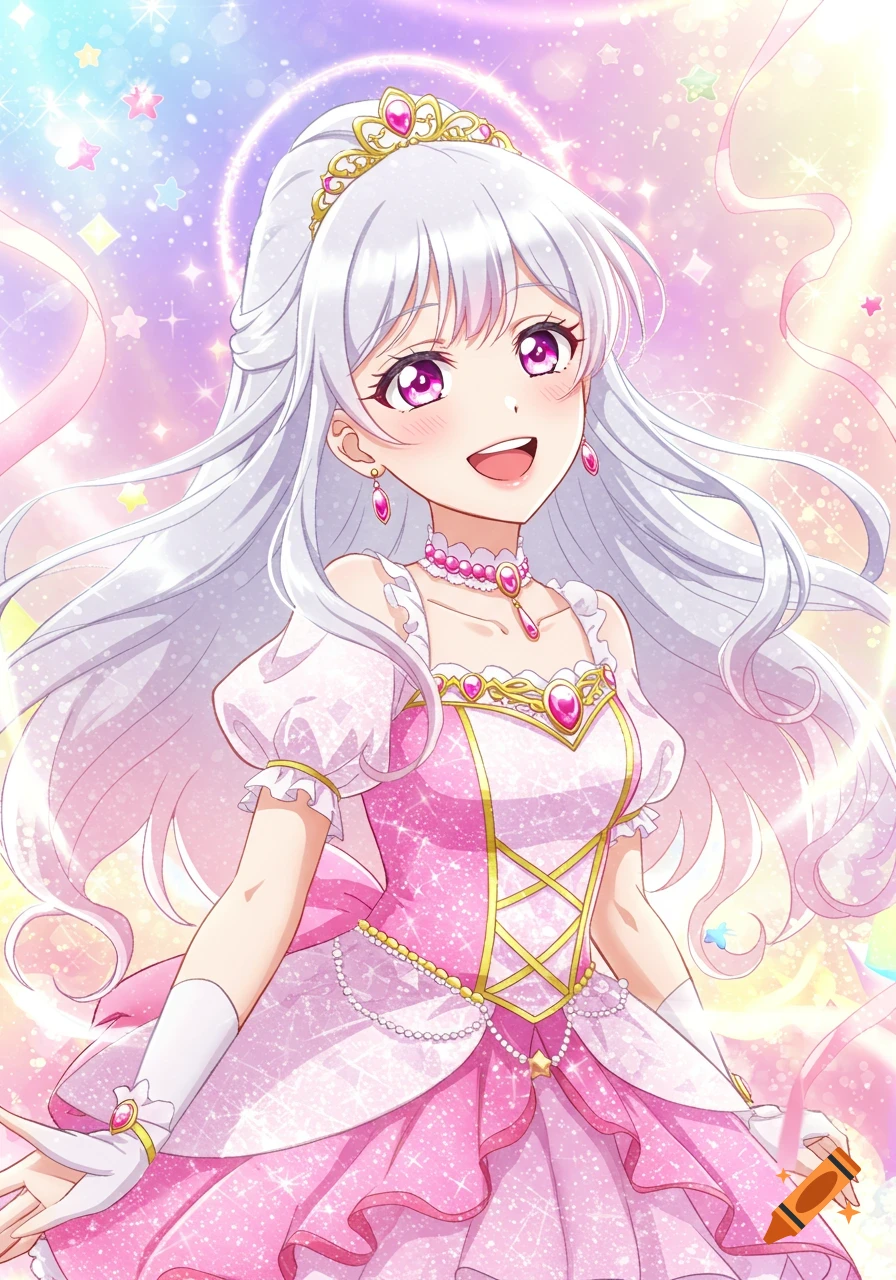 An anime girl with long white hair, pink eyes, and a golden tiara smiles, wearing a sparkly pink magical girl dress with white gloves, against a glittering pastel background.