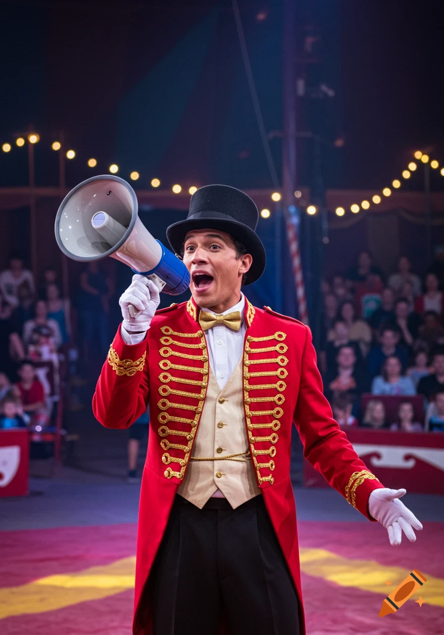 A man dressed as a ringleader in a red and gold uniform with a top hat holds a megaphone, performing in a circus tent.