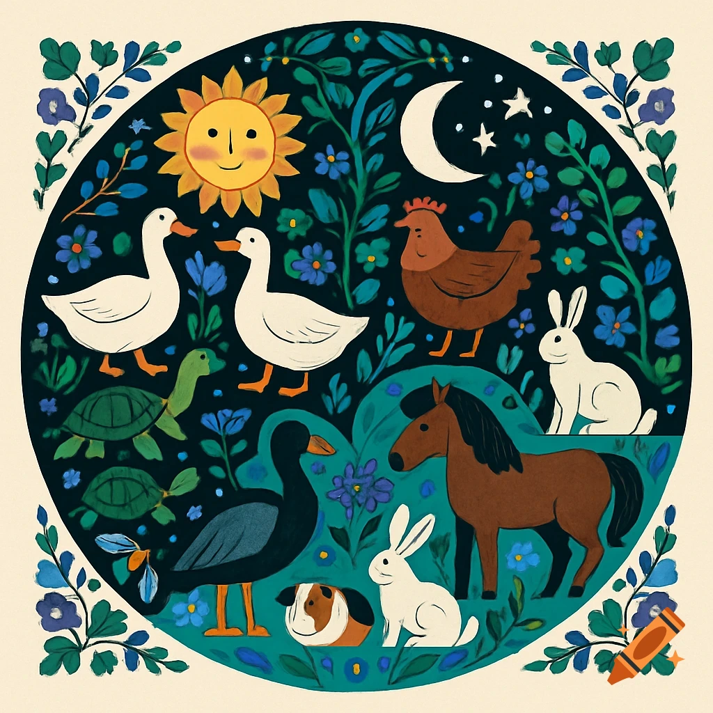A colorful folk art illustration in a circular frame featuring various farm animals like ducks, a chicken, rabbits, a horse, a guinea pig, turtles, along with sun, moon, stars, and flowers.
