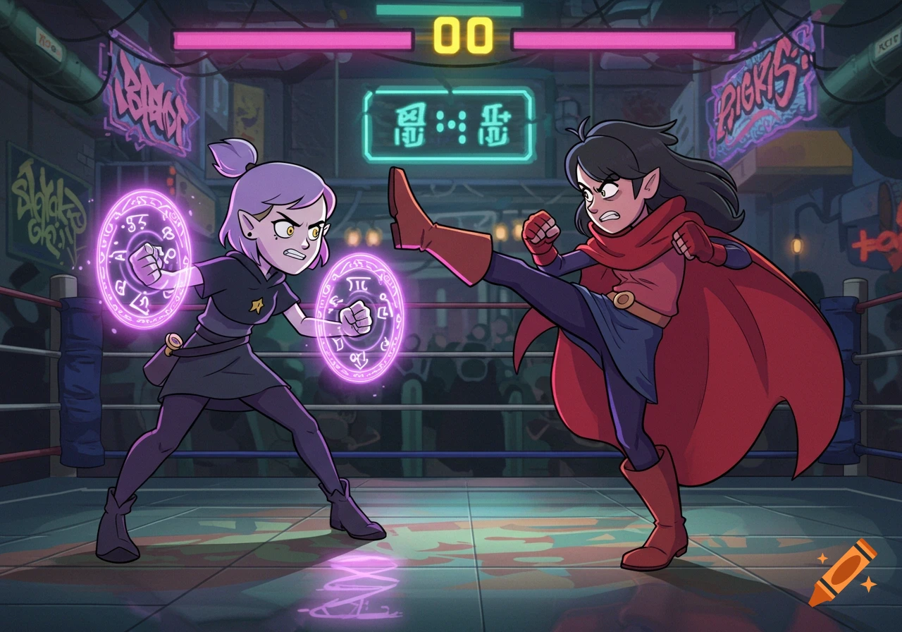 Two cartoon characters, Amity Blight and Hilda, are fighting in a neon-lit boxing ring. Amity has purple hair and is casting magic, while Hilda, wearing a red cape, delivers a kick.