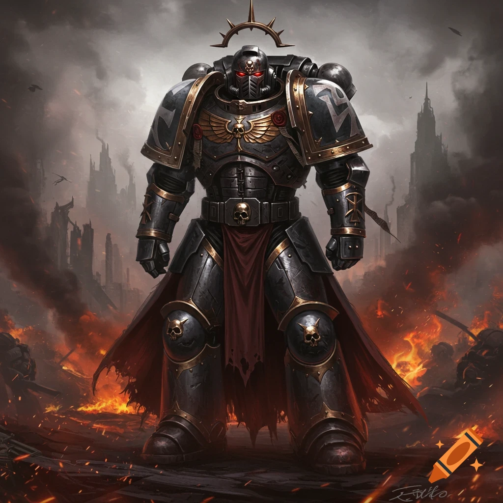 A heavily armored Warhammer 40k Space Marine stands in a burning, war-torn city under a stormy sky, in a dark fantasy style.