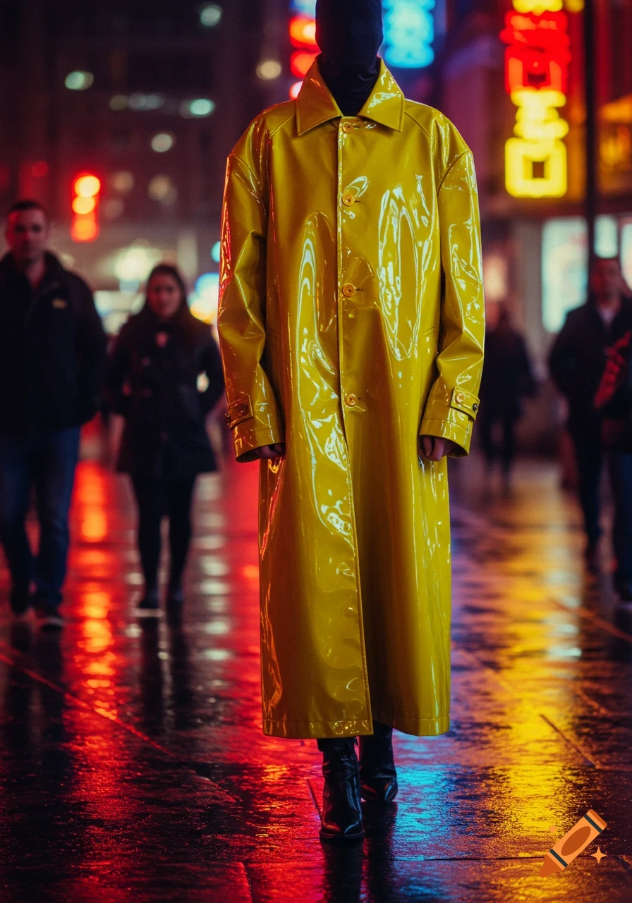 Person in a shiny yellow raincoat walking on a wet city street at night, illuminated by neon lights and reflections.