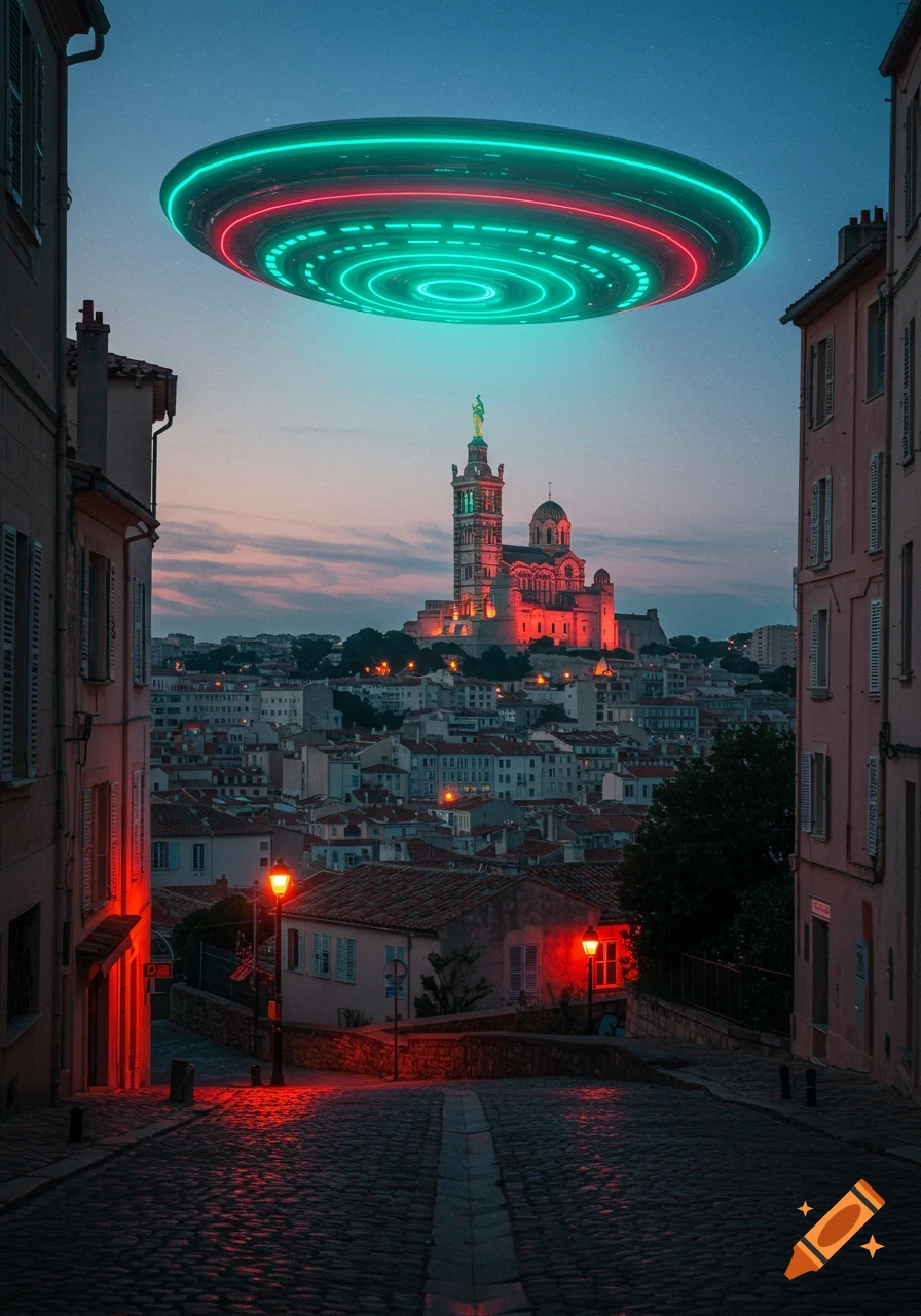 A neon-lit UFO hovers over a historic cathedral and a city at dusk, seen from a narrow cobblestone street.