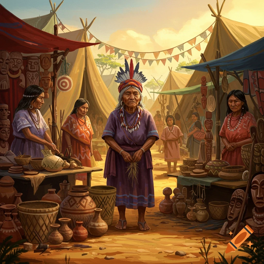 A painted scene of an indigenous market with people selling pottery and carved masks under tents.