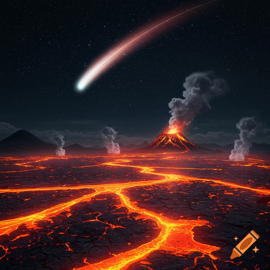 A bright comet streaks across a star-filled night sky above an erupting volcano and a landscape covered in glowing red lava flows and rising steam.