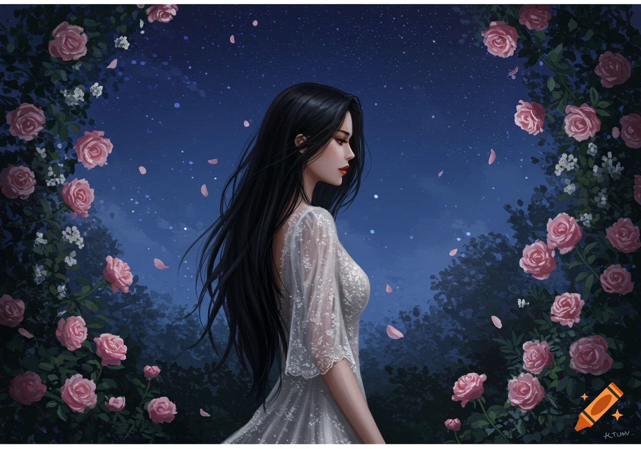 An illustration of a woman with long dark hair in a white dress ...