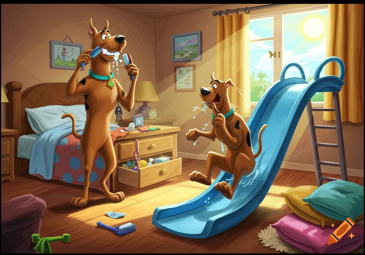Scooby Doo stands brushing his teeth with two toothbrushes, while another Scooby Doo slides down a blue slide in a sunlit bedroom.
