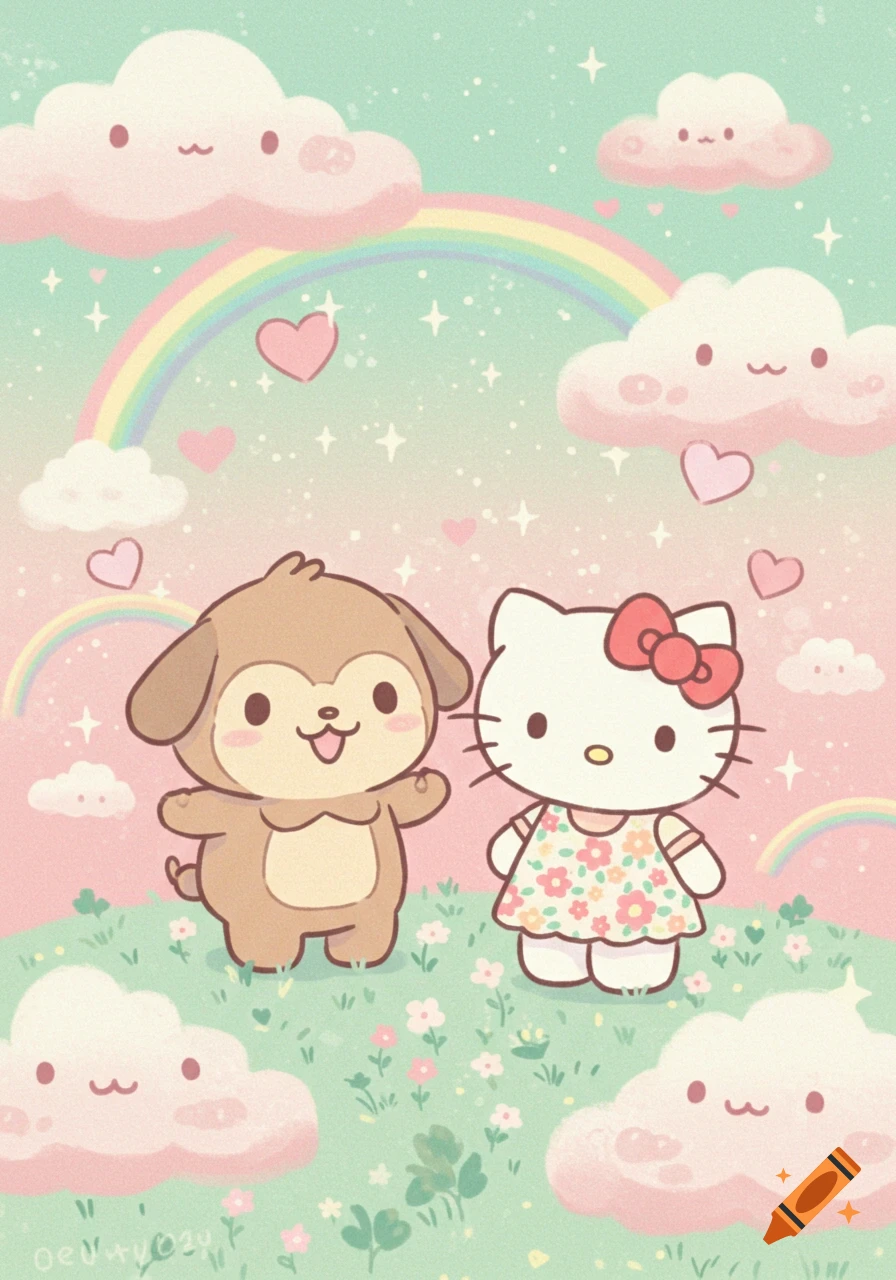 A cute cartoon Hello Kitty and a brown dog-like creature stand in a pastel landscape with smiling clouds, rainbows, hearts, and sparkles.