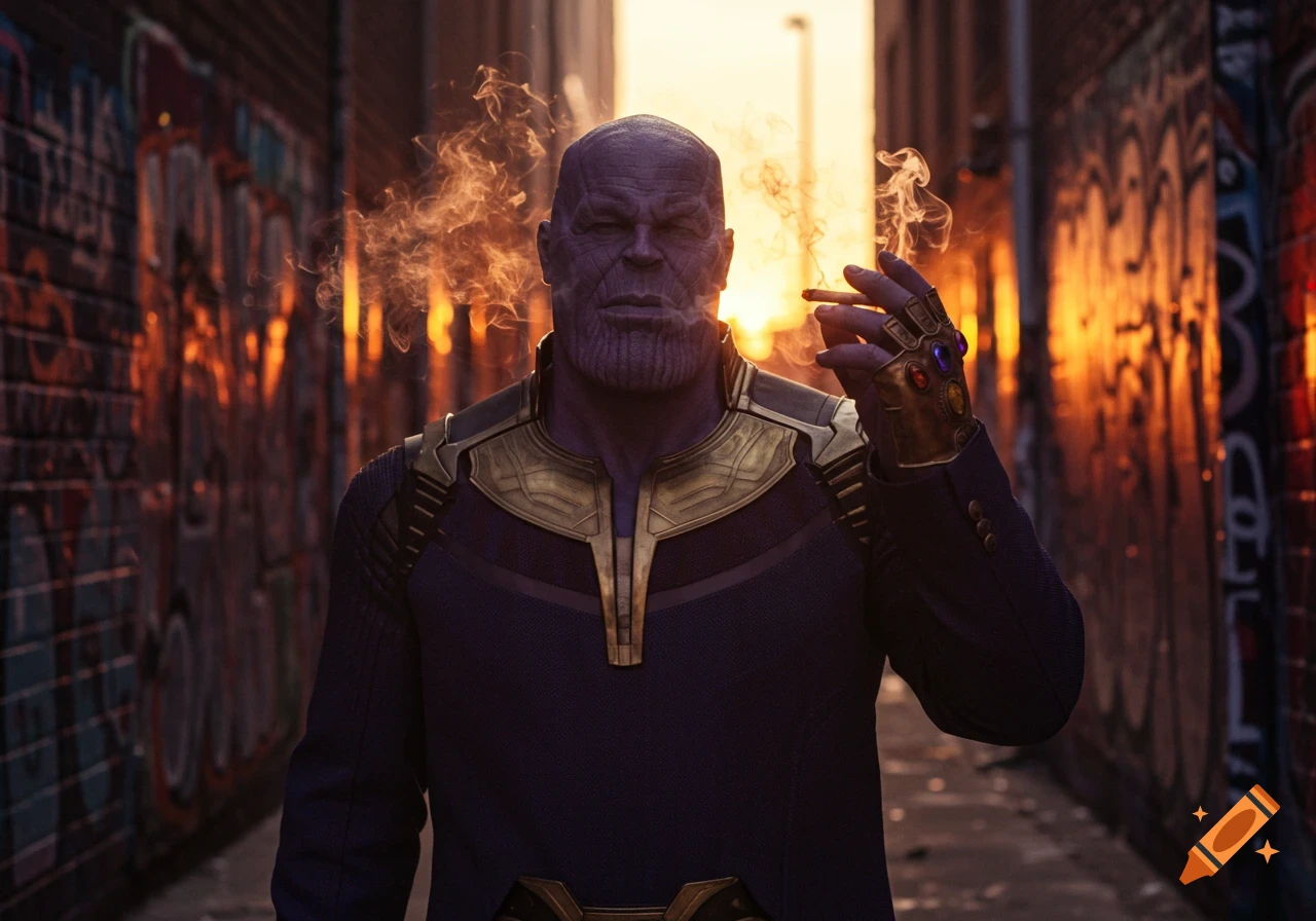 Photorealistic image of Thanos smoking a cigarette, wearing the Infinity Gauntlet, standing in a graffiti-filled alley at sunset.