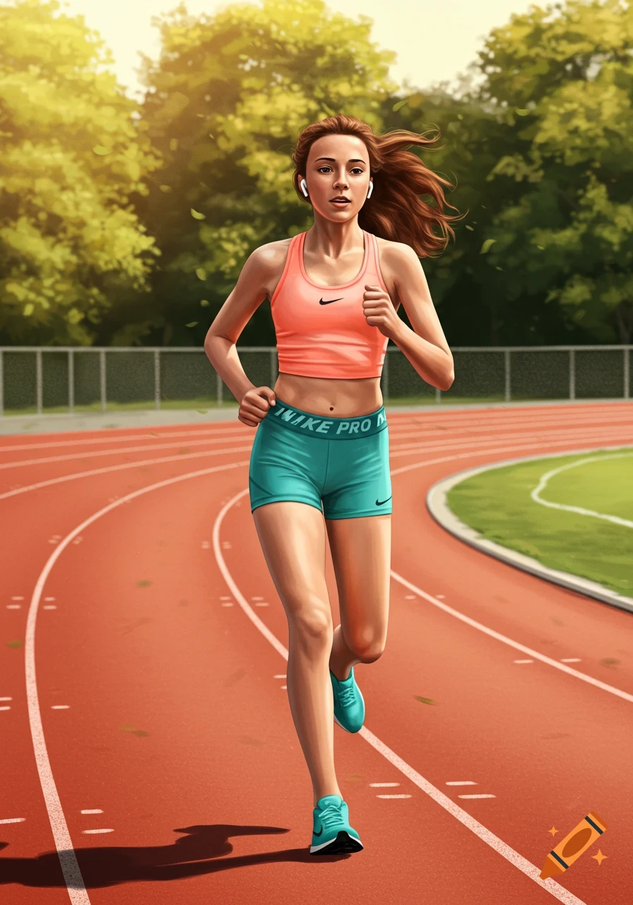 A young woman running on a red track outdoors, wearing an orange sports bra, turquoise shorts, and earbuds, in a digital art style.