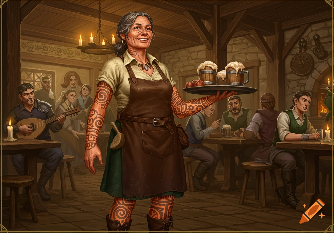 A middle-aged innkeeper with tribal tattoos serves drinks in a bustling, candlelit tavern with patrons and a musician.