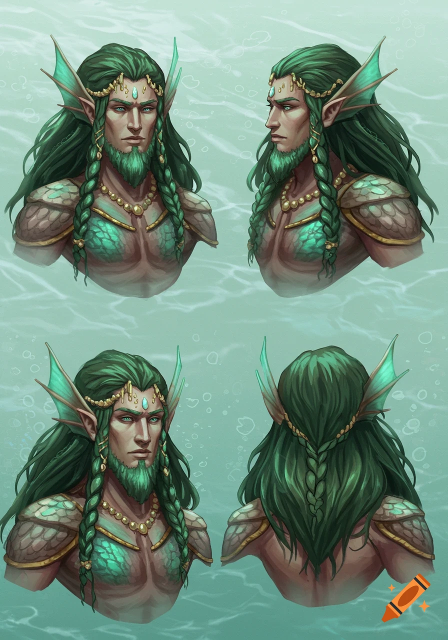 Digital art turnaround sheet of a male Atlantean with long green hair, braided beard, fins, scaled chest, and gold jewelry.