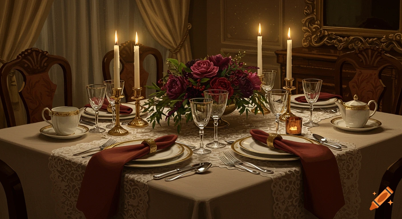 A formal dining table elegantly set with a floral centerpiece, candlelight, plates, and glasses in a warm, inviting room.
