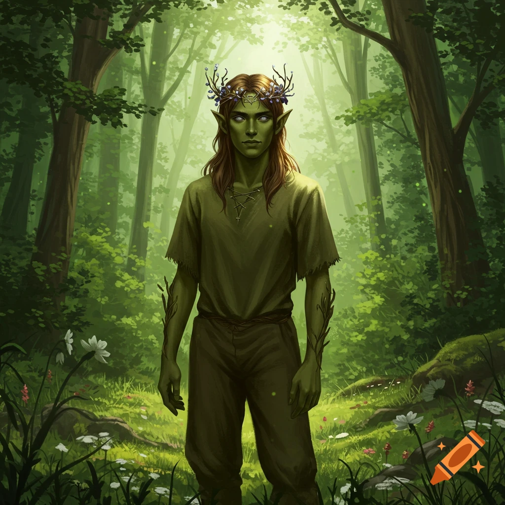 An elf-like man with green skin, silver eyes, and long brown hair ...