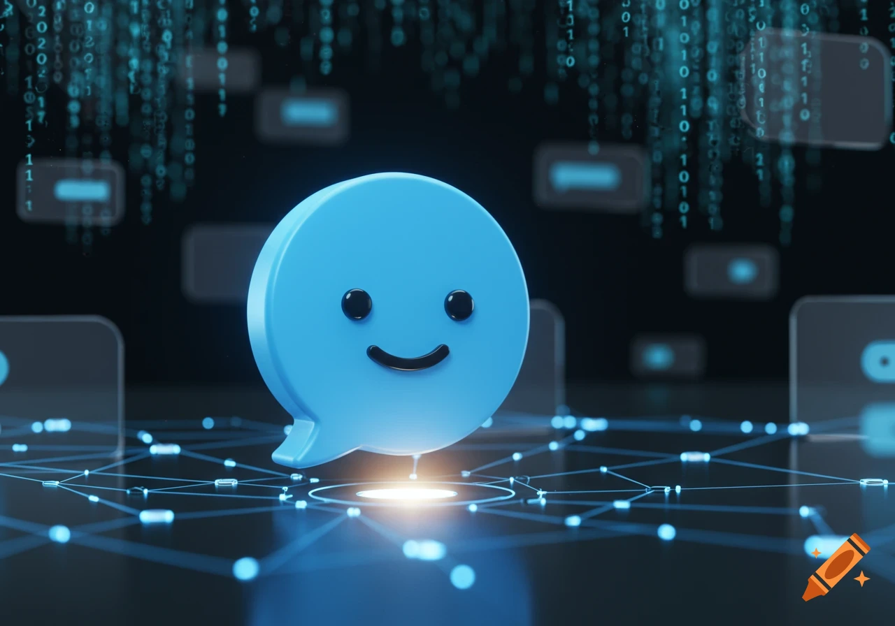 A happy blue speech bubble icon on a glowing digital network with falling binary code, representing chat and technology.