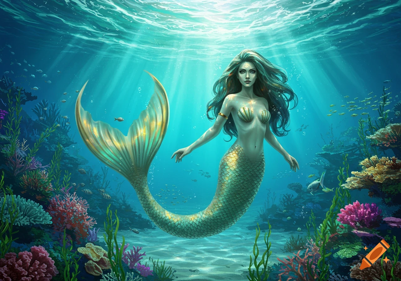 A beautiful mermaid with long teal hair and a golden-green tail swims through a vibrant, sunlit coral reef, digital painting.