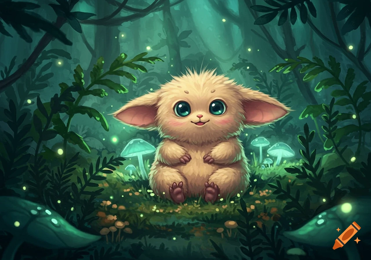 A cute, fluffy, big-eared creature with large blue eyes sits smiling in an enchanted forest with glowing mushrooms, cartoon illustration.