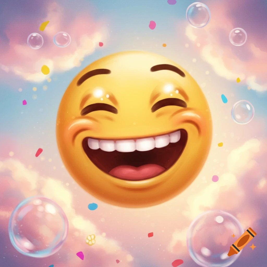 A vibrant, stylized laughing emoji with closed eyes, surrounded by colorful confetti and bubbles against a pastel pink and blue cloudy sky.