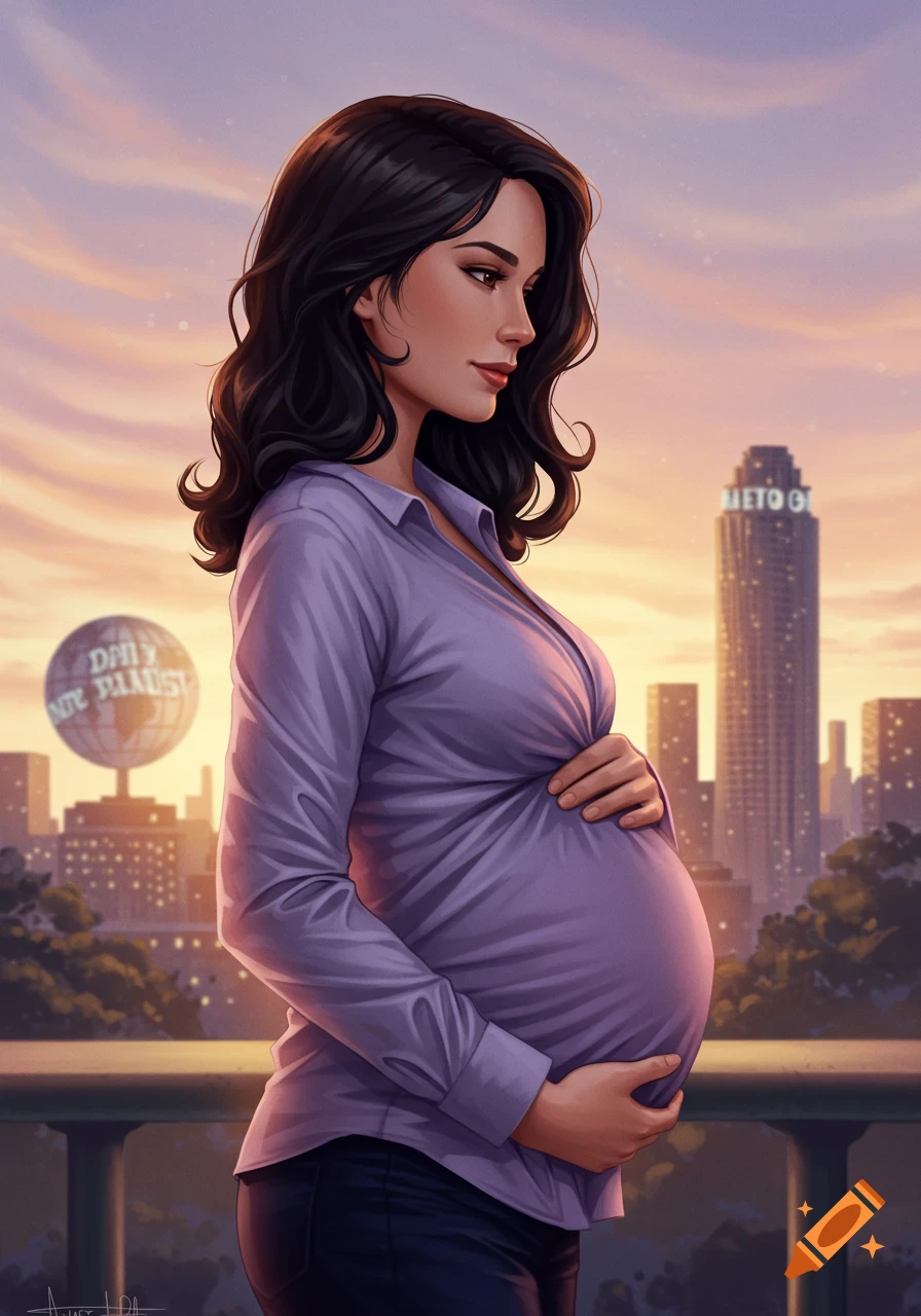 An illustrated portrait of a pregnant woman with dark hair, wearing a purple shirt, holding her belly, against a cityscape at sunset.