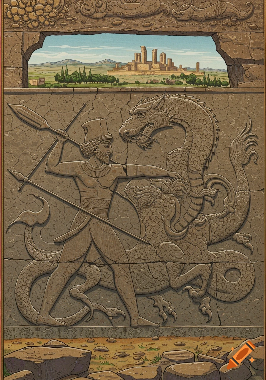 Ancient Persian-style bas-relief carving showing a warrior fighting a dragon, with a landscape and ancient city in the background.
