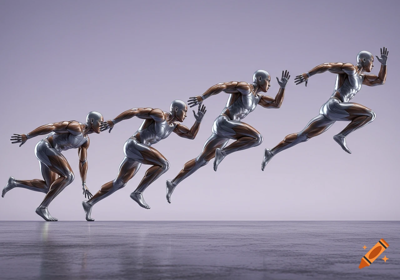Sequential 3D rendered figures of a male anatomical model demonstrating the stages of a sprint.