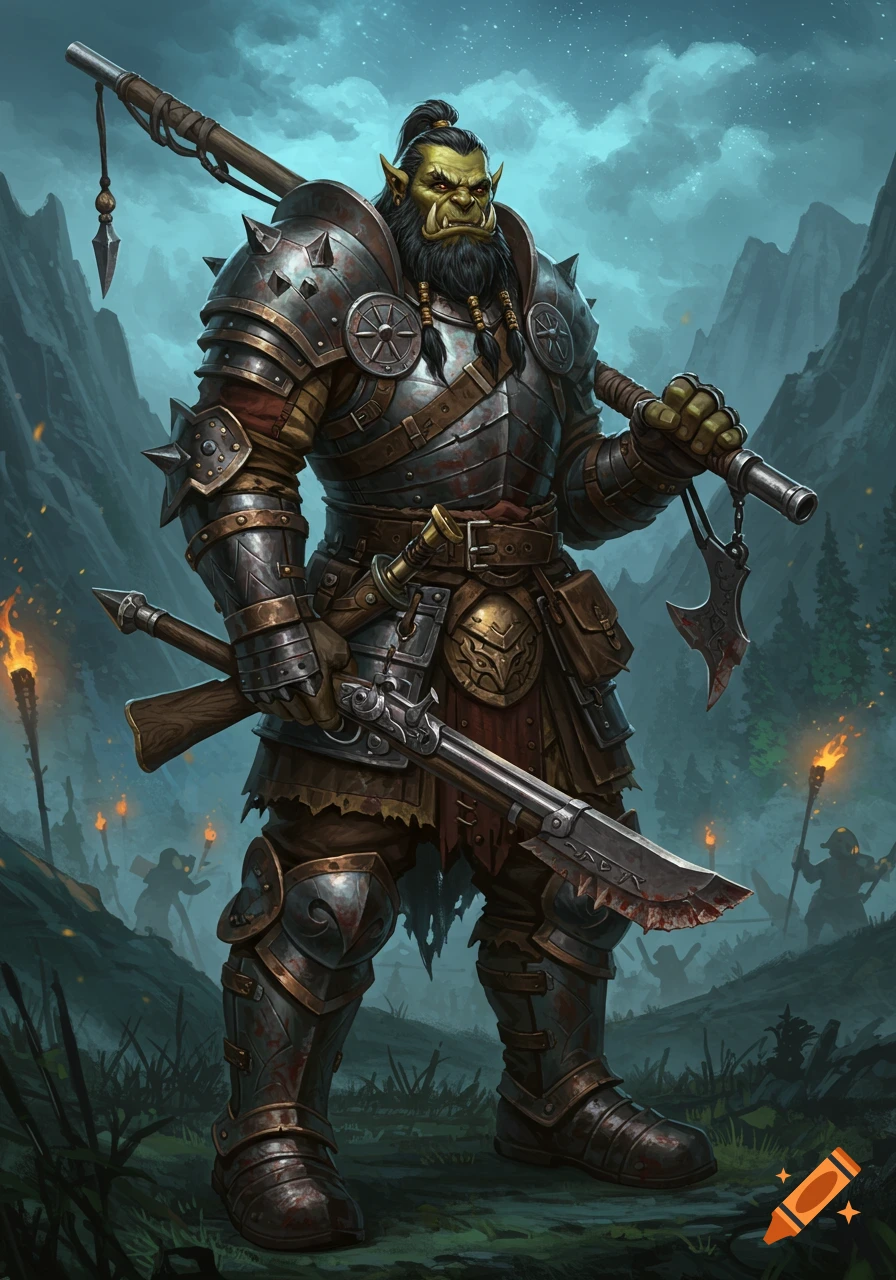 A formidable bearded orc warrior in spiked armor holds a musket with a bloody bayonet, standing in a mountain pass.