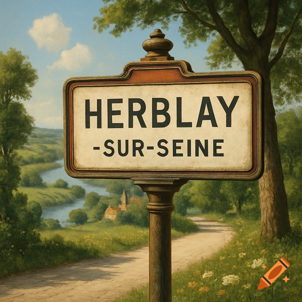 A rustic road sign reads HERBLAY -SUR-SEINE, set in a painterly rural landscape with a river, trees, and a winding path.