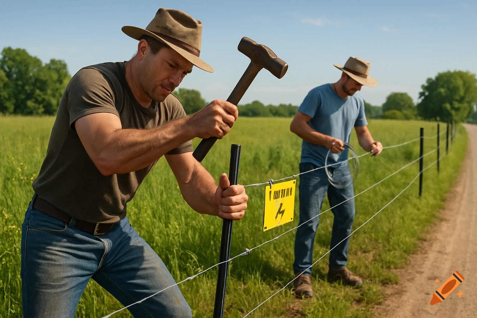 Two farmers installing an electric fence in a green field under a clear sky. One man hammers a stake, while the other unrolls wire.