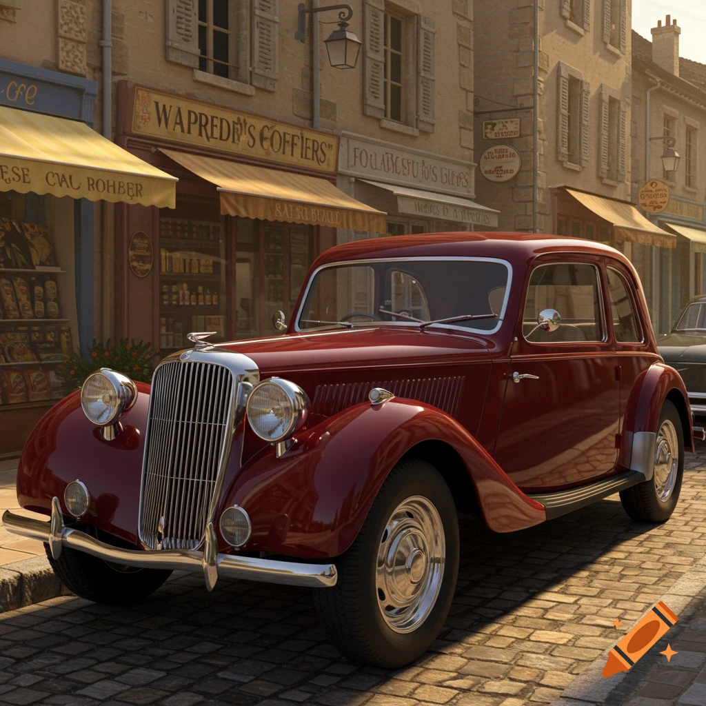 A dark red vintage car with chrome accents parked on a cobblestone street in front of old European buildings with awnings.