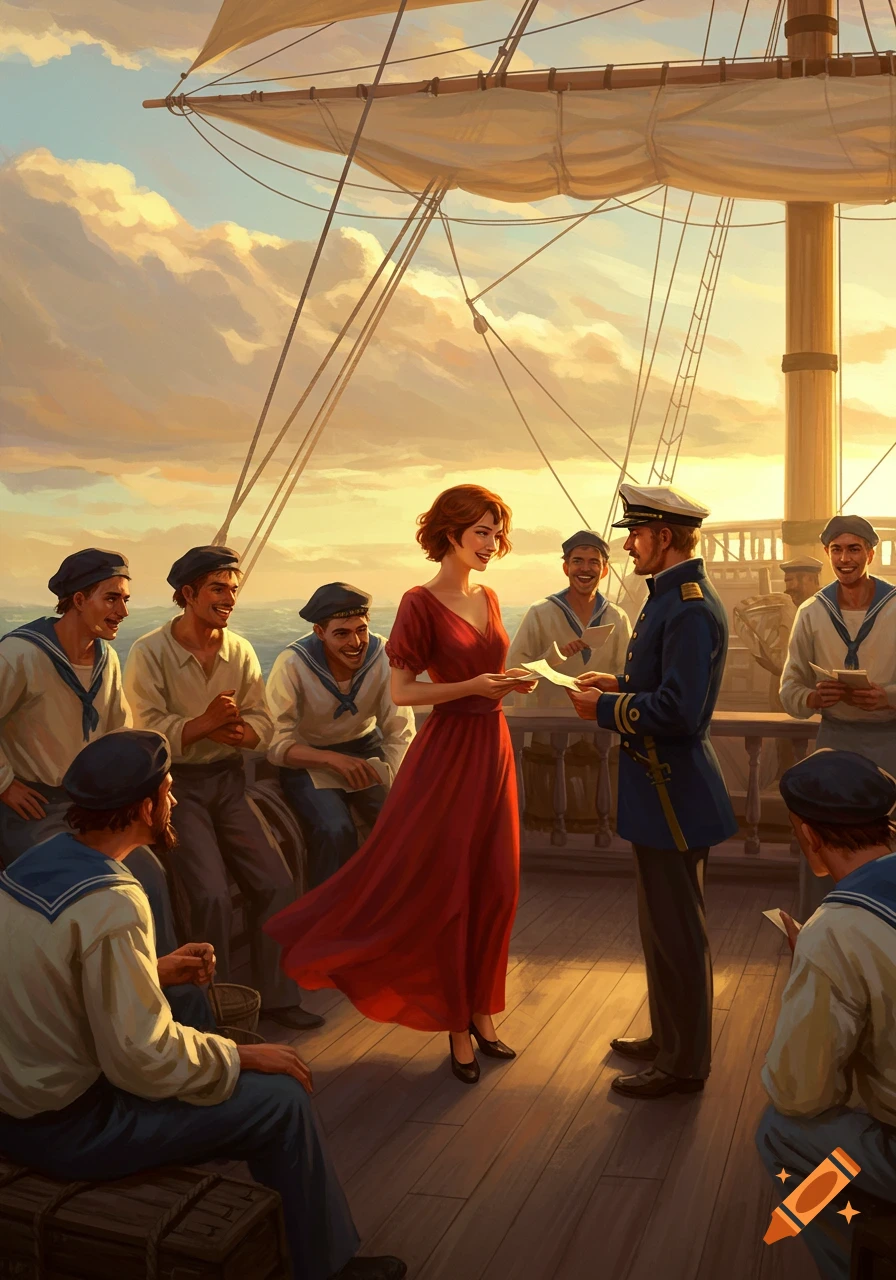A woman with short brown hair in a red dress receives an envelope from a captain on a ship's deck, surrounded by smiling sailors, at sunset in a romantic painting style.
