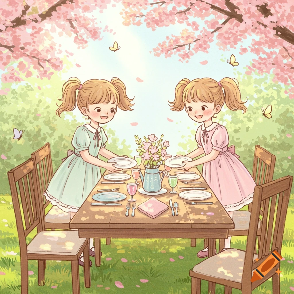 Cartoon illustration of twin girls setting a picnic table outdoors under pink cherry blossoms with butterflies.