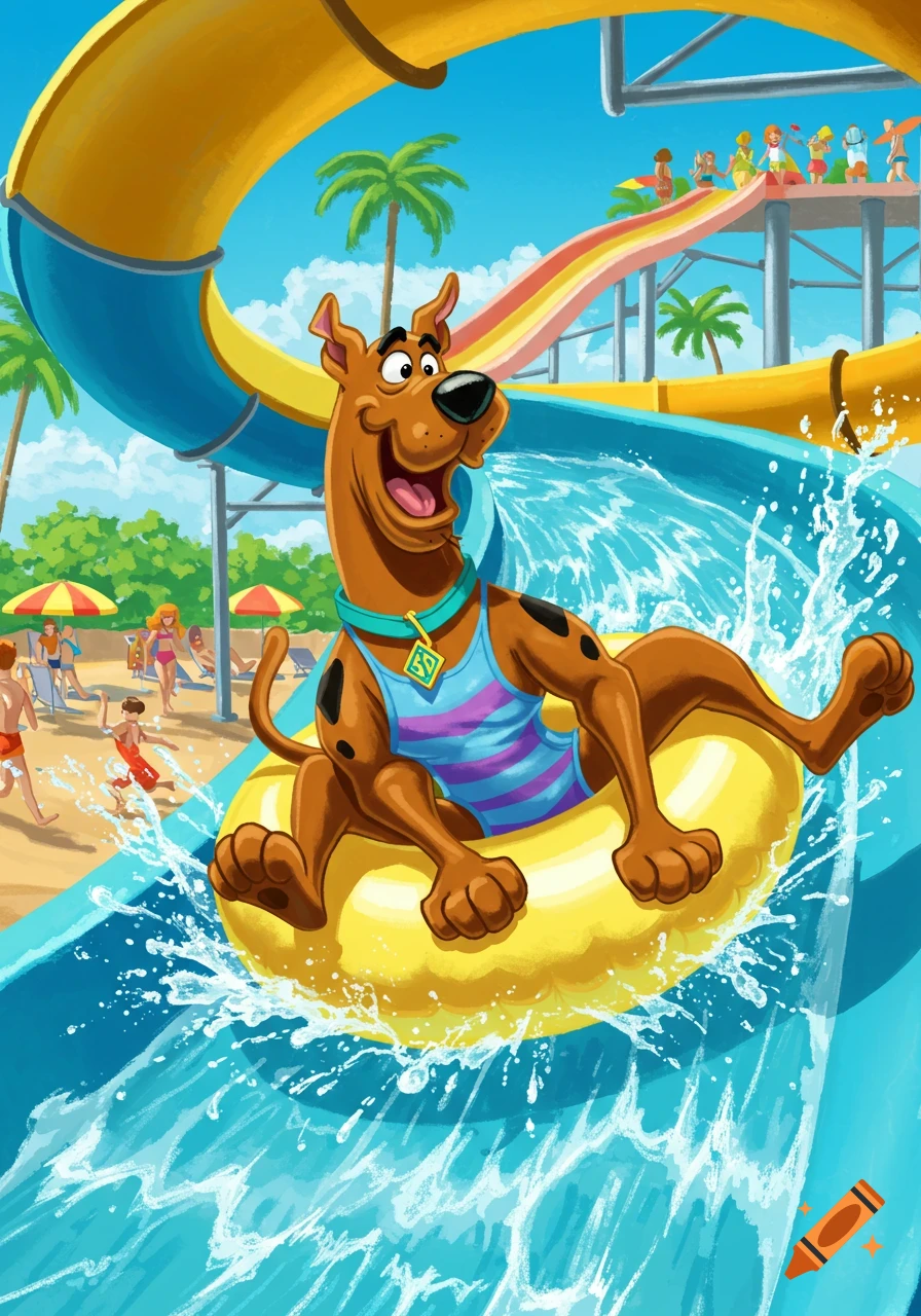 Scooby Doo in a striped blue and purple bathing suit on a yellow inner tube slides down a blue waterslide at a sunny water park with other people and palm trees, cartoon style.