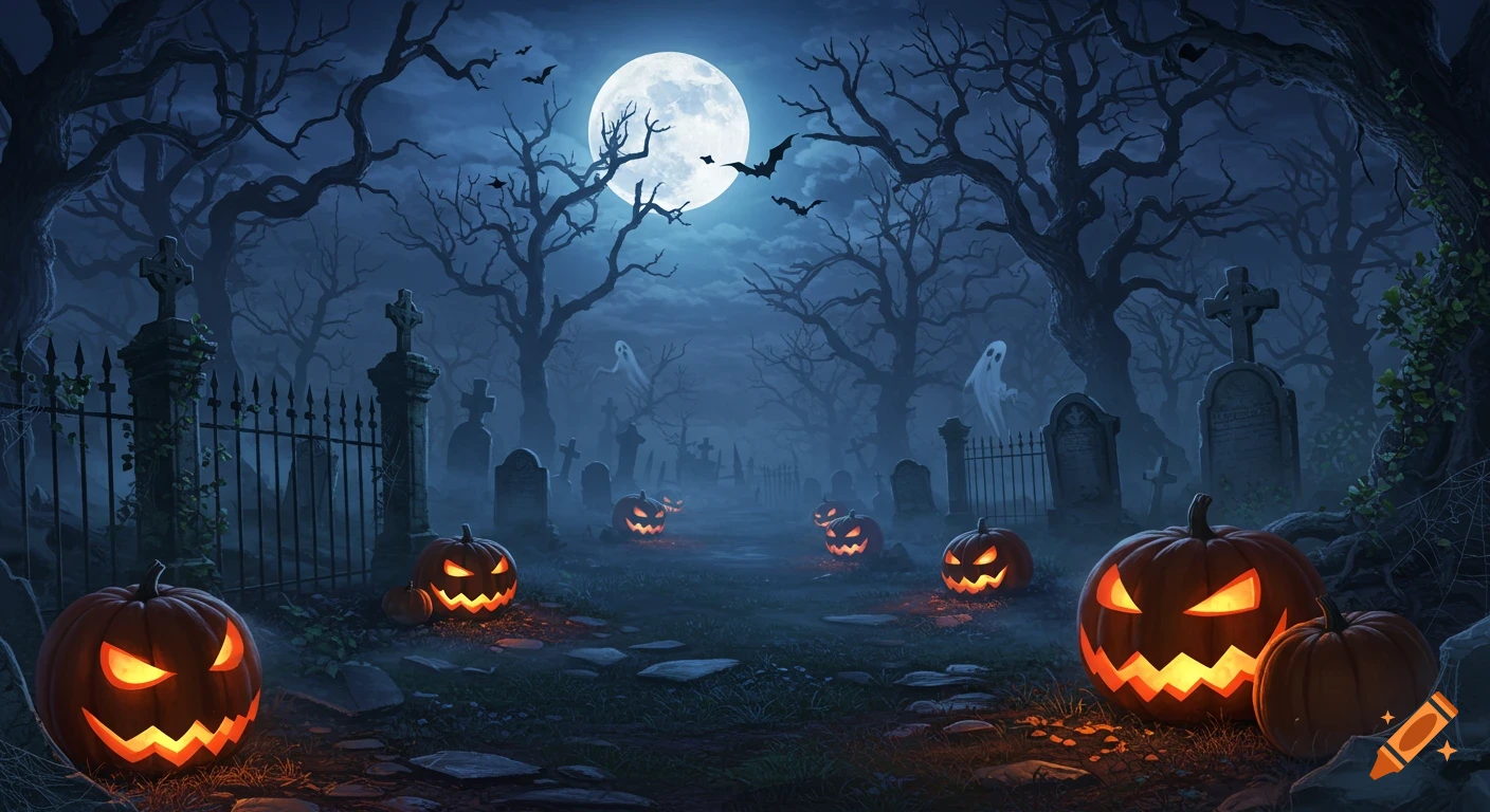 A spooky Halloween graveyard at night with glowing jack-o'-lanterns, ghostly figures, bats, bare trees, and a bright full moon.