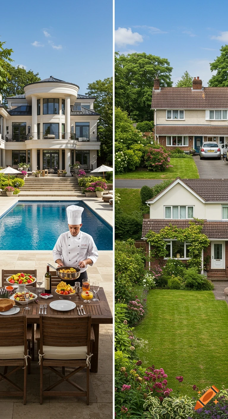 A split image contrasting a luxurious mansion with a pool and chef on the left, and modest suburban homes with gardens and a car on the right.