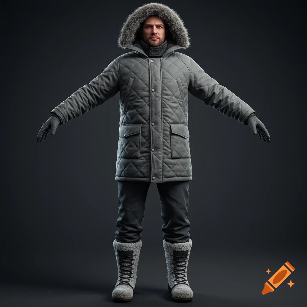 A photorealistic image of a man in a grey quilted winter parka with a fur hood, black pants, and grey fur-lined boots, standing in a T-pose against a dark background.