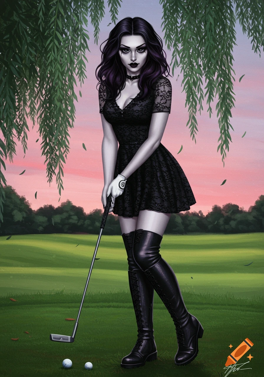 An illustrative portrait of a goth woman in a black dress and thigh-high boots holding a golf club on a course at sunset.