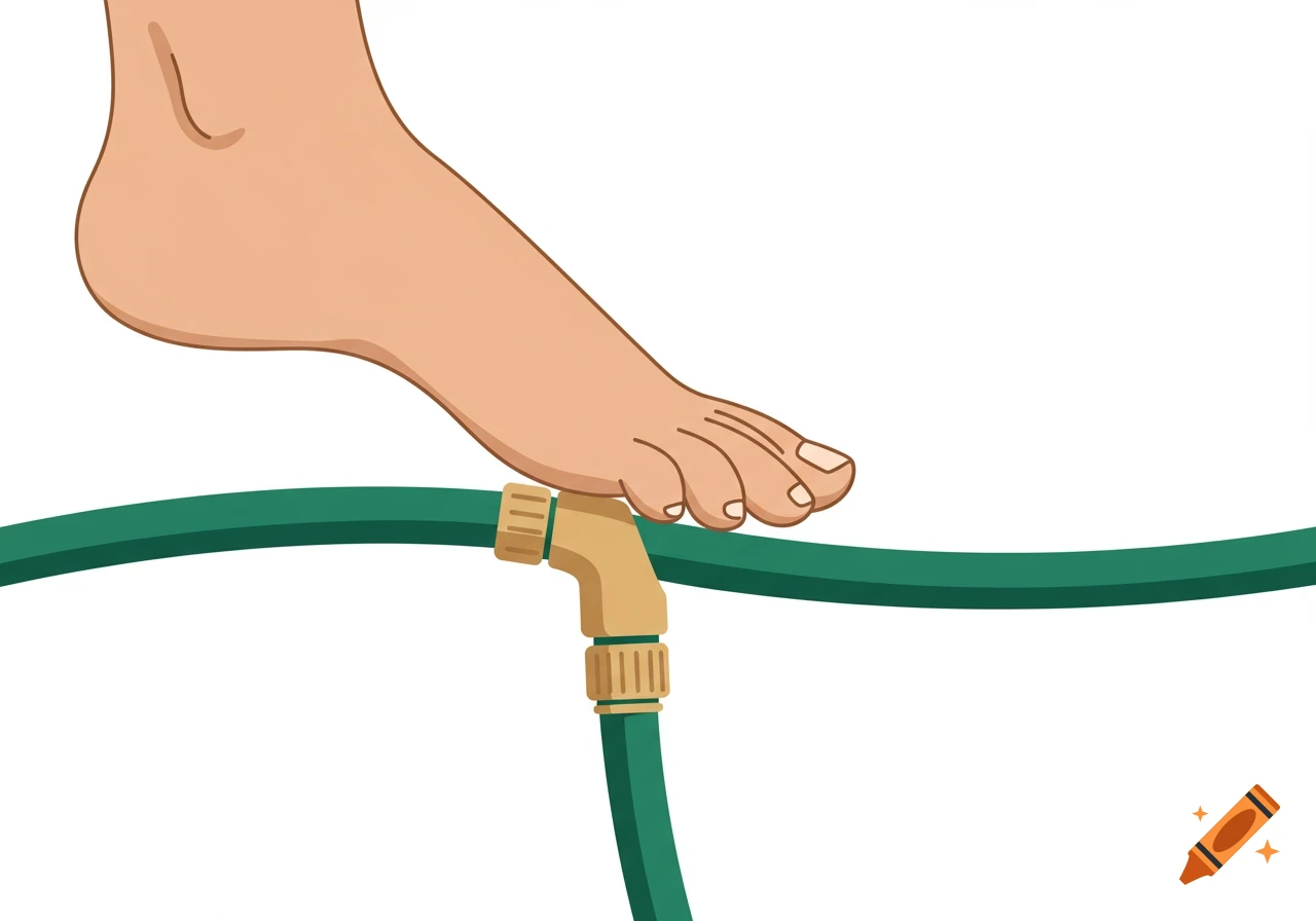 An illustration of a bare foot stepping on a green garden hose, pinching it to block water flow.