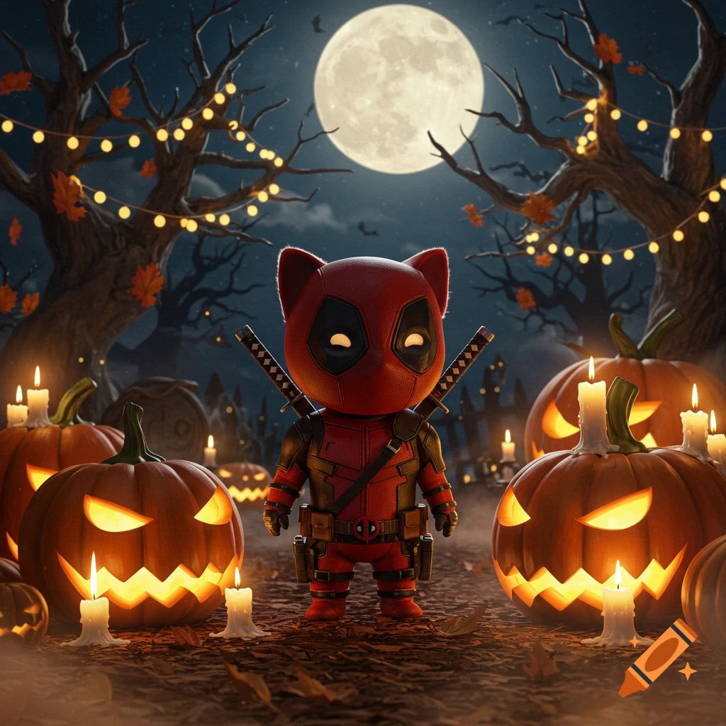 A cute chibi Deadpool cat character stands among glowing jack-o'-lanterns and spooky trees under a full moon on Halloween night.