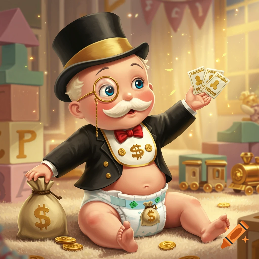 A cute, chubby baby version of the Monopoly Man wearing a top hat, monocle, and tuxedo jacket over a diaper, sitting on the floor with money bags, gold coins, and toy blocks.