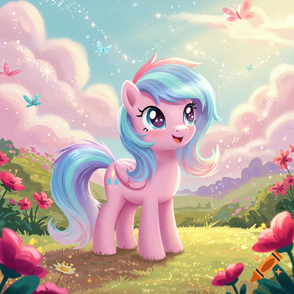 A cute pink My Little Pony character with a rainbow mane and tail stands in a vibrant, flower-filled meadow under a pastel sky with pink clouds and butterflies, cartoon style.