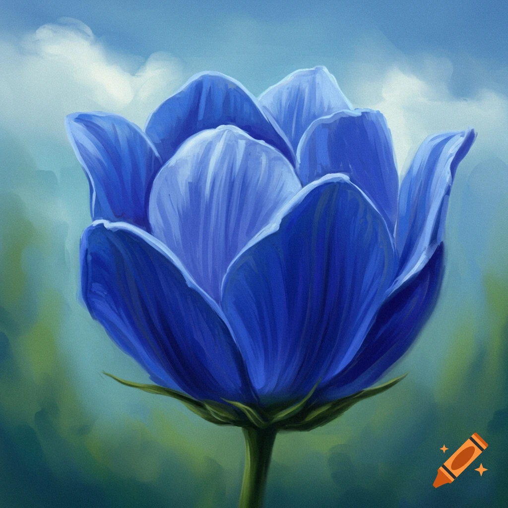 A close-up oil painting of a vibrant blue flower with multiple petals and a green stem, against a soft blue and green background.